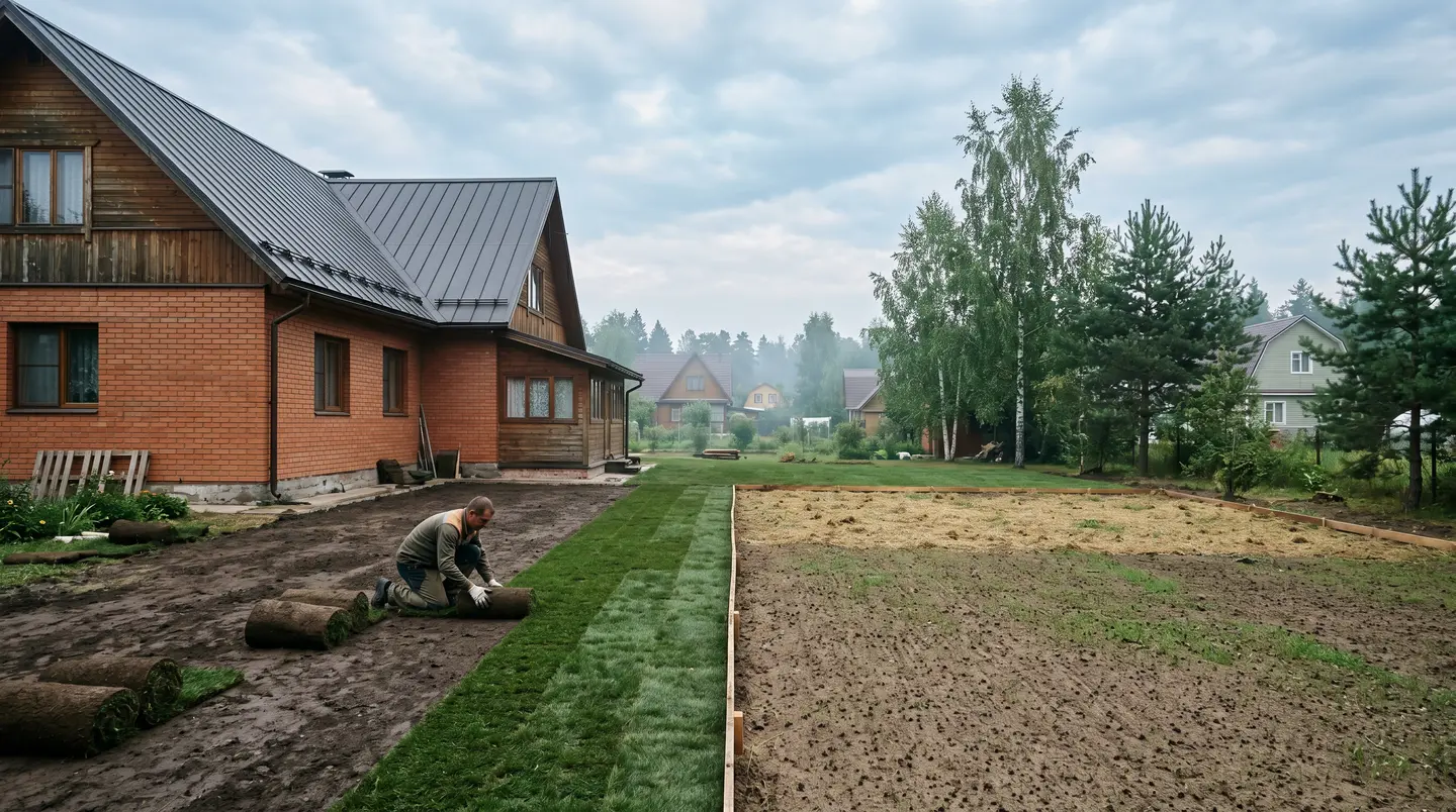 Ровный зелёный газон на частном участке, пасмурный мягкий свет, берёзы вдали