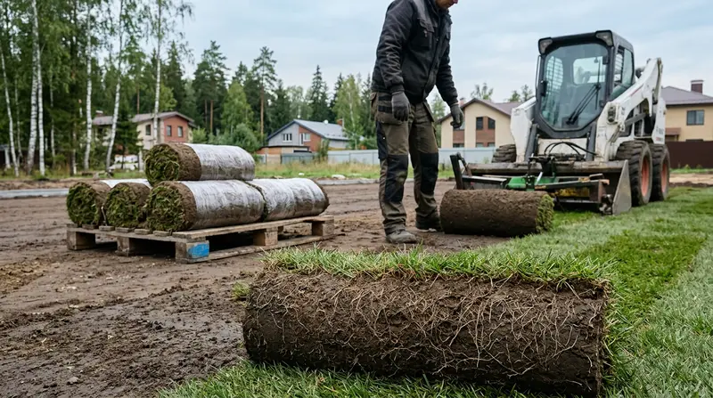 Срез рулона дернины крупным планом: дернина 20–25 мм и густая корневая система, рядом свёрнутый рулон на поддоне
