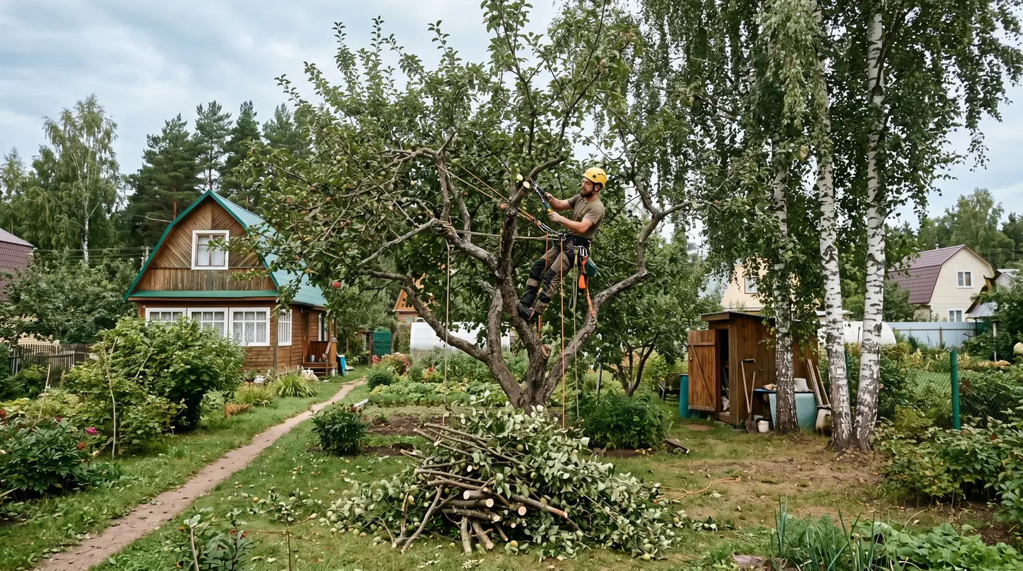 Арборист в каске и страховочной системе на верёвках в кроне взрослой яблони, делает срез секатором; внизу аккуратно сложены спиленные ветки; пасмурный день, RU-сад
