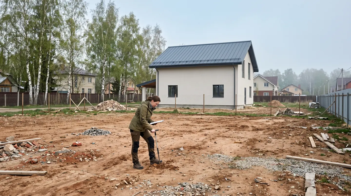 Участок после стройки: утоптанная глина, остатки стройматериалов, на заднем плане новый дом и берёзы за забором, агроном осматривает участок, пасмурный день