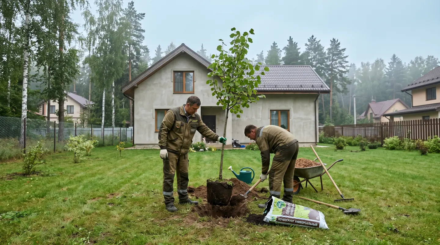 Агроном в рабочей куртке опускает саженец липы с комом в подготовленную яму на участке за городом, рядом штыковая лопата и мешок плодородного грунта, пасмурный день, берёзы на заднем плане