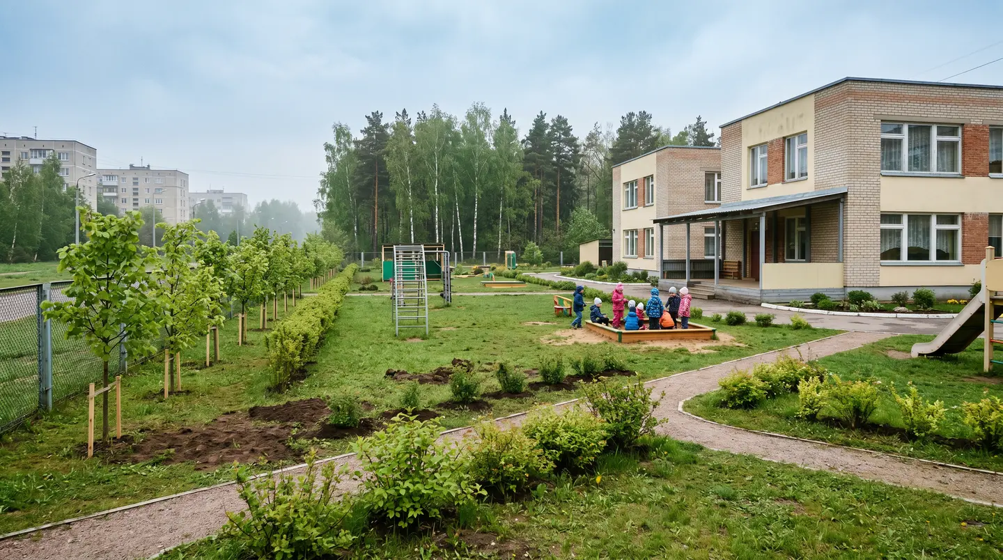 Озеленённый участок детского сада, пасмурный мягкий свет, газон, низкие безопасные кустарники без ягод, молодые липы вдоль ограды, песочница и веранда на заднем плане; рабочий момент благоустройства
