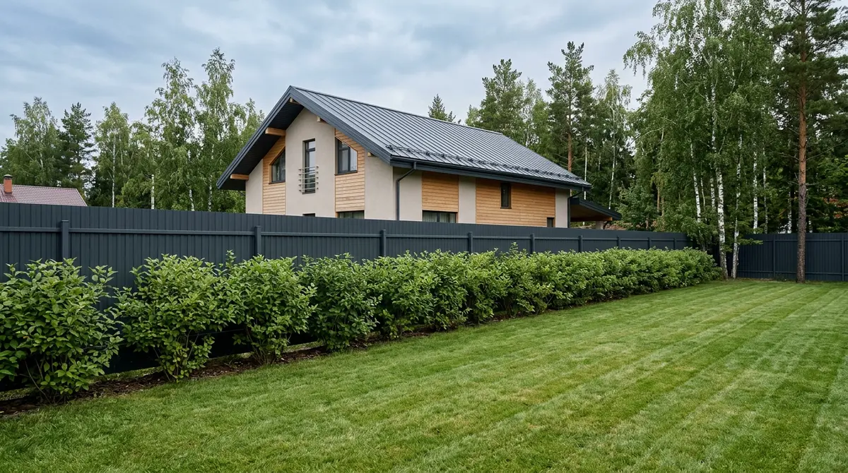 Рулонный газон 450 м² на суглинке в Патрушева, Тюмень, изгородь из дёрена вдоль забора