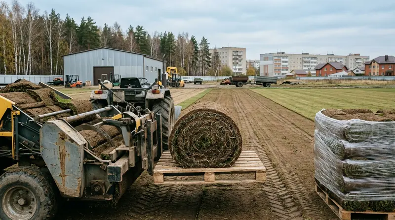 Срез рулона местной срезки для газона в Тюмени: дернина 20–25 мм с плотной корневой системой, свёрнутые рулоны на поддоне