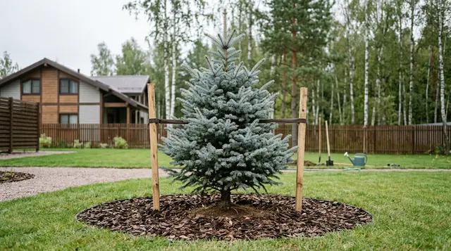 Свежепосаженная голубая ель с растяжками на участке, мульча приствольного круга, пасмурный день
