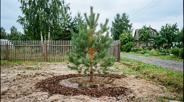 Молодая сосна обыкновенная с поливочной лункой на краю загородного участка