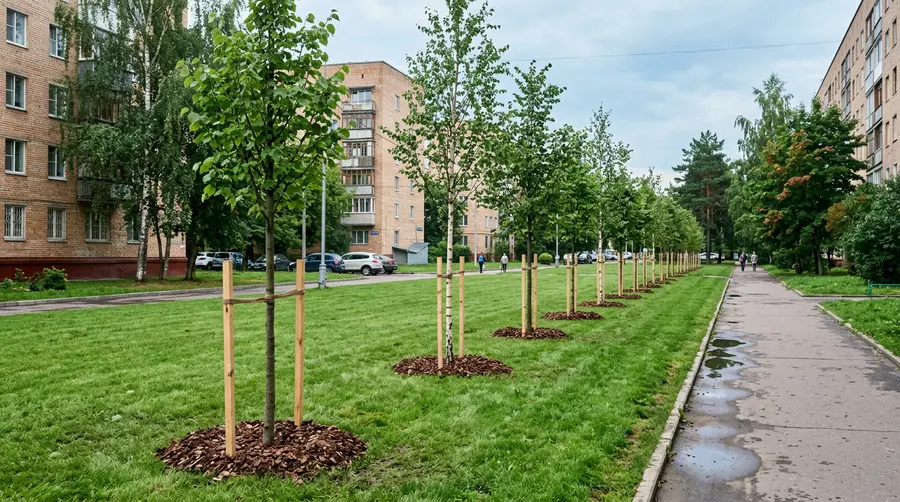 Выполненное компенсационное озеленение в Москве: ровный ряд молодых лип взамен вырубленных на восстановленном газоне вдоль тротуара у жилых домов, у каждого дерева мульча и опорные колья