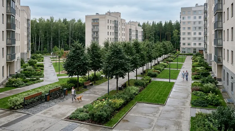 Сданное озеленение дворов ЖК в Подмосковье: рядовые посадки лип вдоль дорожек, газоны и миксбордеры между корпусами — объект по выигранному тендеру
